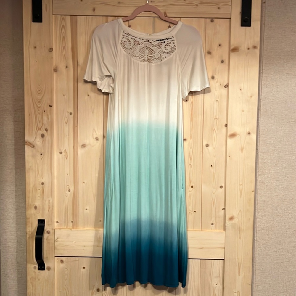 Lane Bryant Women’s Blue Ombré MIDI Boho Dress Crochet Detail Size 14/16 NWT/NEW